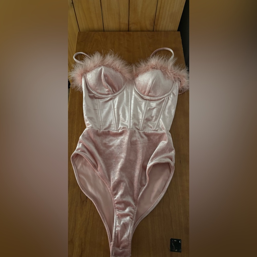 Windsor Pink Satin Bodysuit with Feather Detail